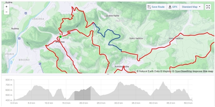 Okolo Gašovho vrchu je dlhý a mierne stúpavý úsek, ktorý príde po strmej asfaltke na Ostré, zdoj: strava.com stúpavý úsek okolo Gašovho vrchu