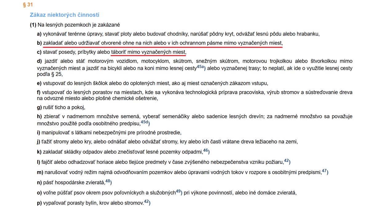 Znenie zákona o lese; zdroj: zakonypreludi.sk kemp, camp, kemping, camping, kempovanie, campovanie, stanovanie, pravidlá kempovania v horách, stanovanie v horách, bivakovanie