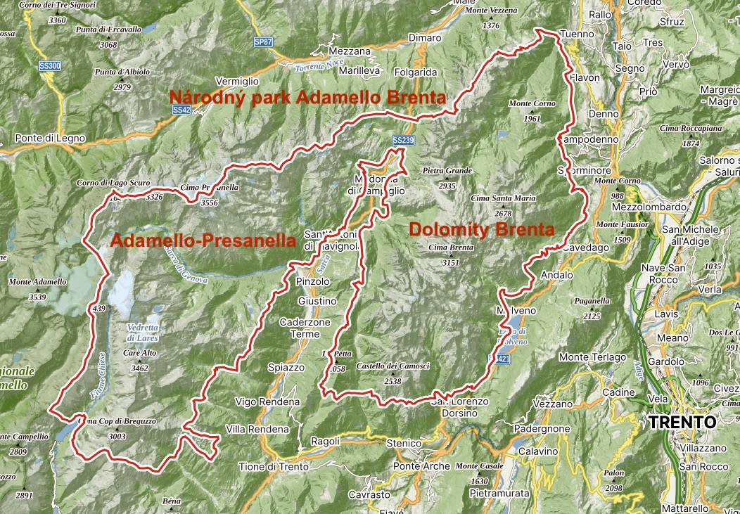 Mapka národného parku Adamello Brenta, zdroj: mapy.cz Mapka národného parku Adamello Brenta