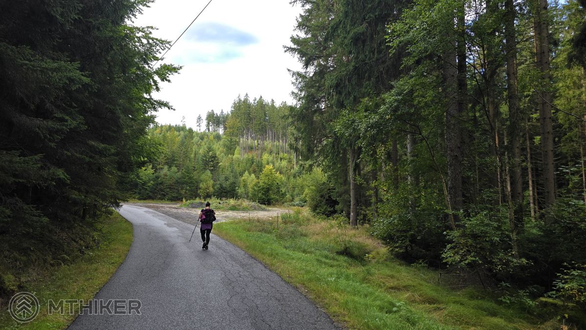 Začína sa asfaltové peklíčko, ešte netušíme, čo nás čaká Šumava, les, pochod po asfalte, hrebeň Šumavy, Lipno
